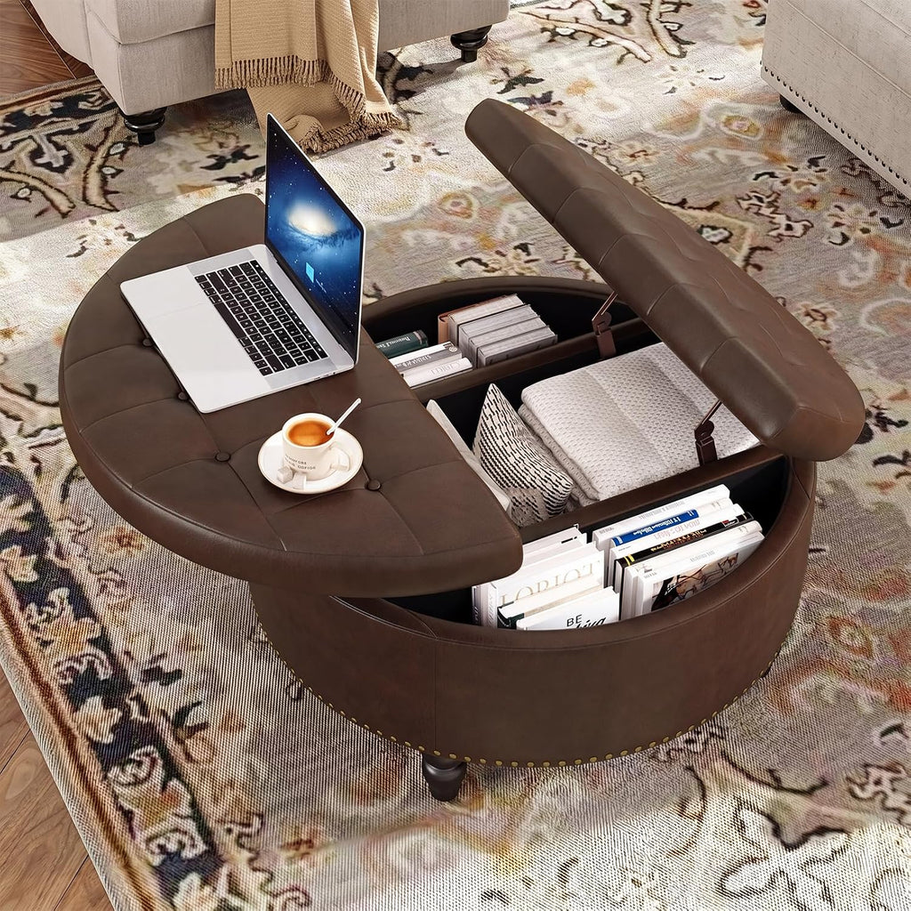 30 Inch Large Round Ottoman with Storage Circular,Chocolate | Leather Coffee Table with Lift Top,Modern Upholstered