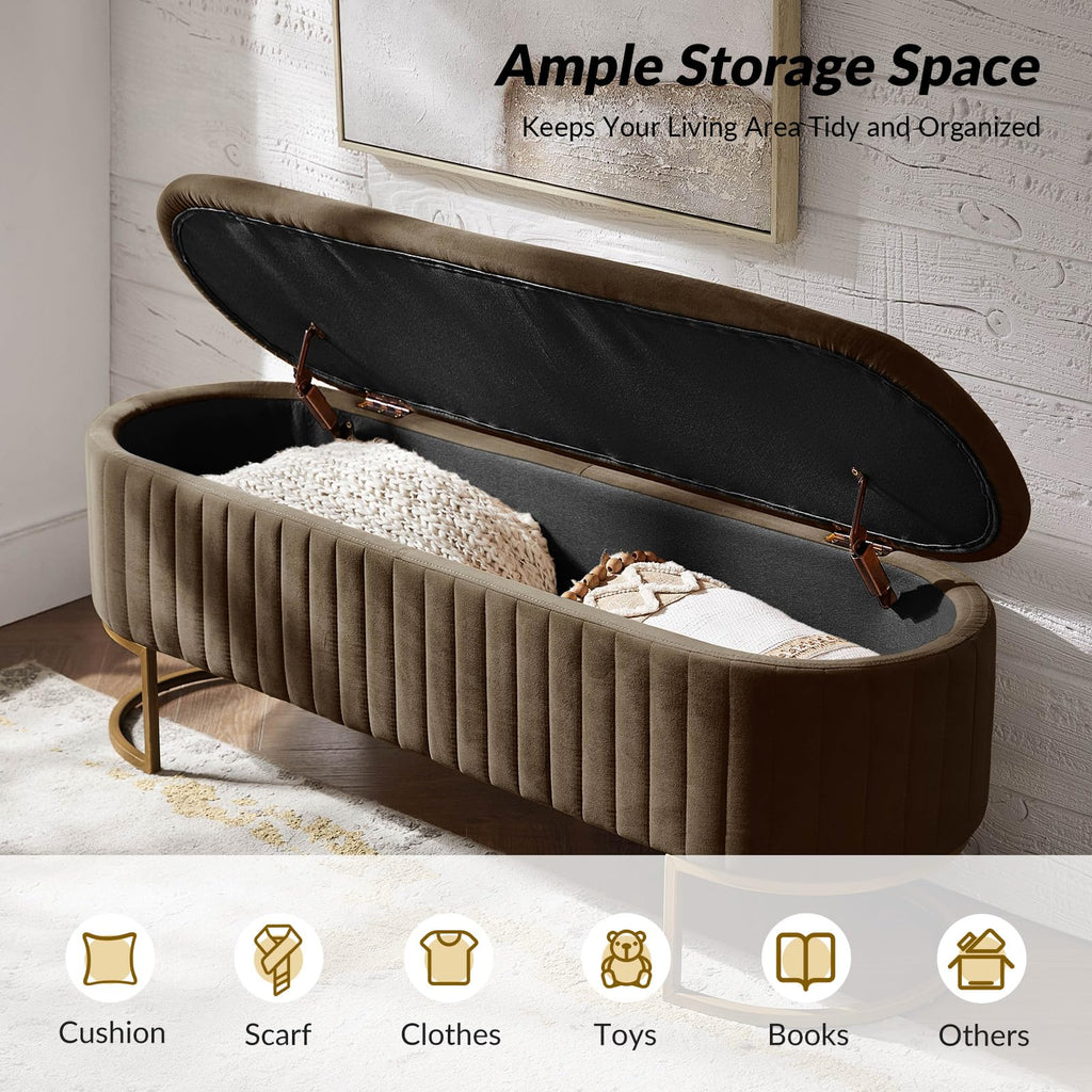50.5" Velvet Storage Bench with Gold Legs, Modern End of Bed Bedroom Benches, Upholstered Flip Top Window Ottoman