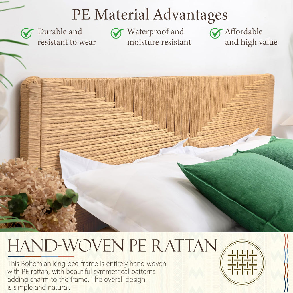 Hand-Woven PE Rattan Bed Frame with Headboard and Footboard, Boho Mid Century Modern Bedframe with Vintage