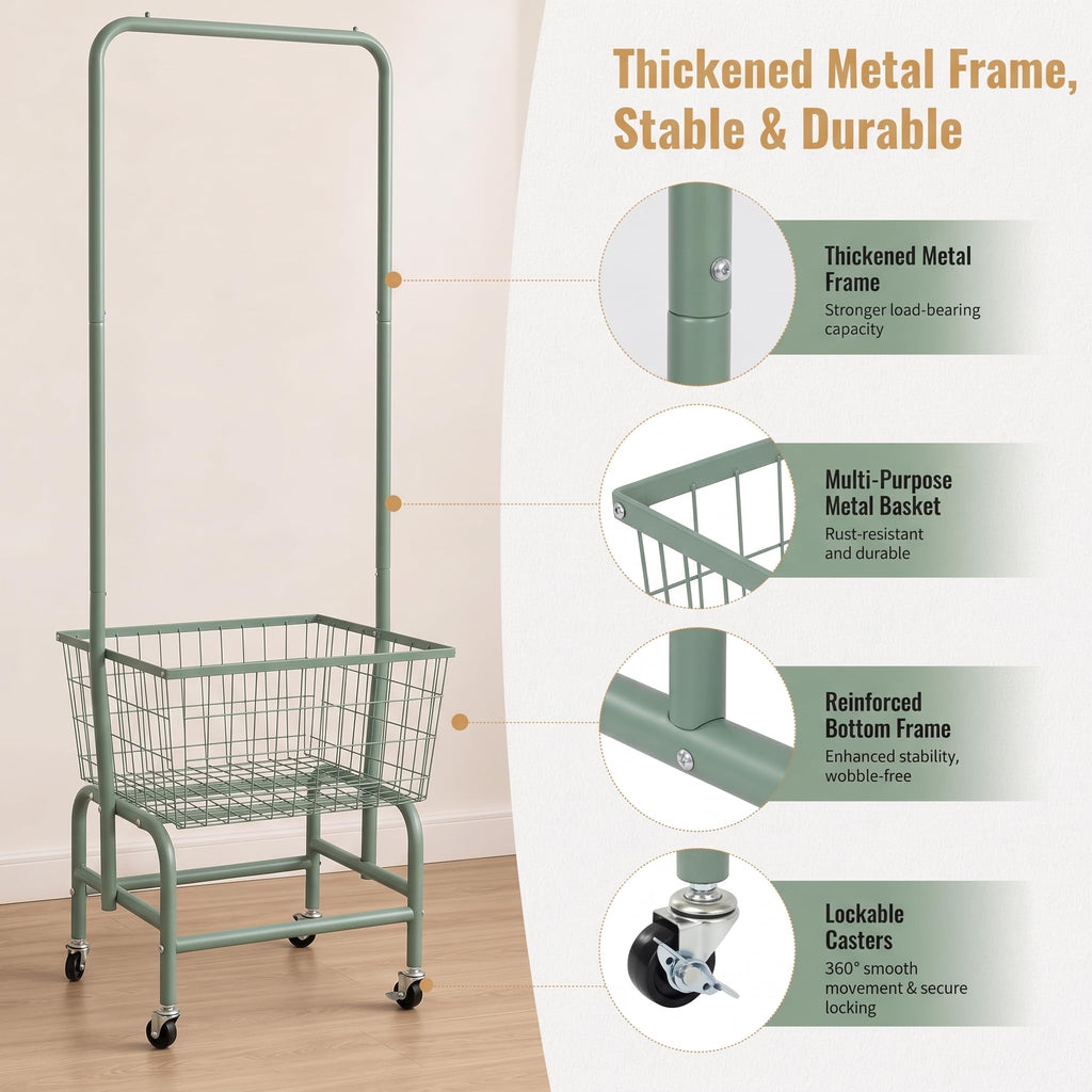 Laundry Cart with Clothes Rack, Rolling Laundry Butler with Wire Storage Rack,Green