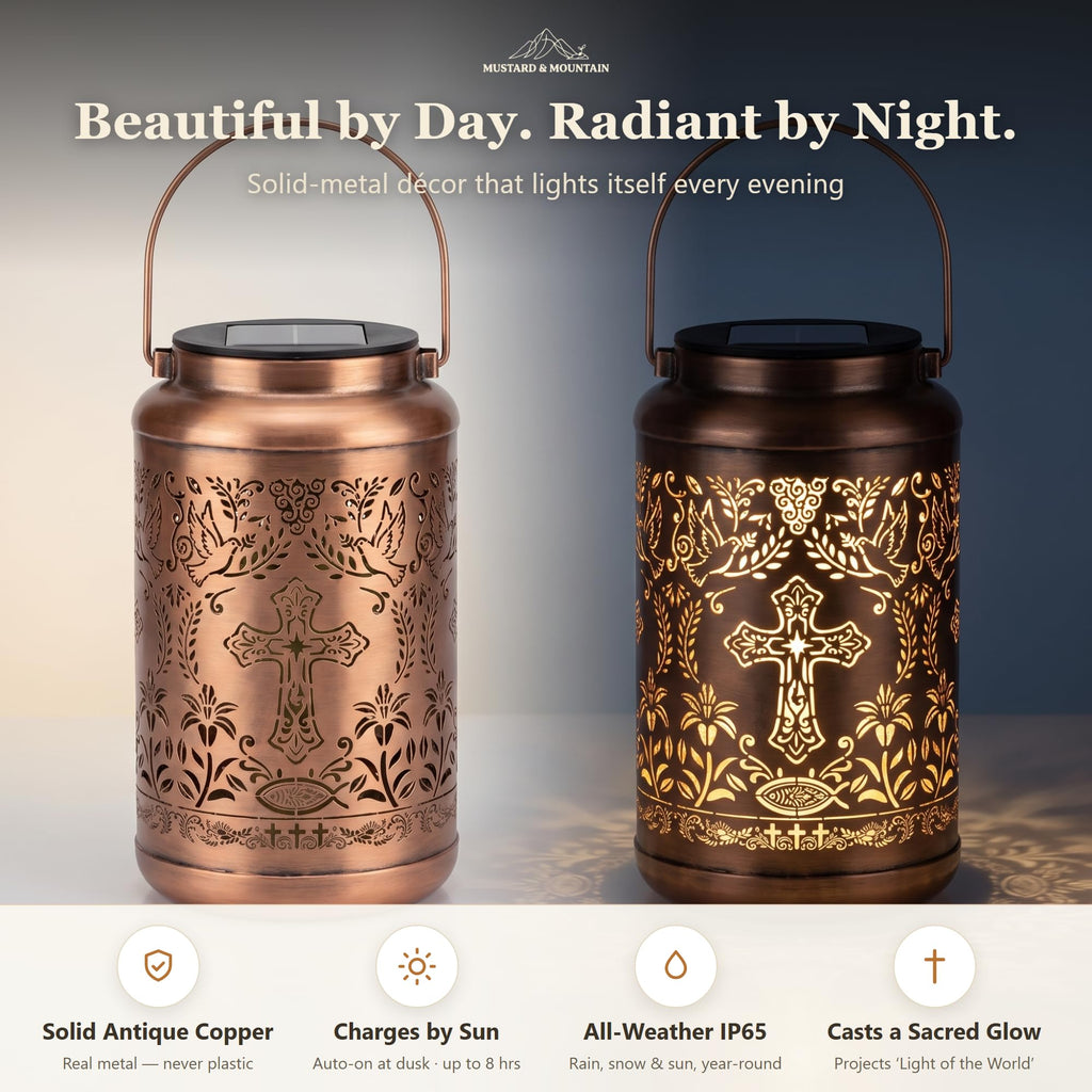 Solar Lantern with Shepherd Hook Hanging Pole, Cross, Religious Decorations | Decorative Outdoor Waterproof Garden