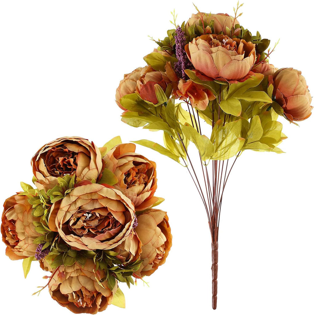 Bunches Artificial Silk Peony Vintage Flower Bouquet for Party Home Table Centerpieces Wedding Decoration (Coffee) - Set of 2