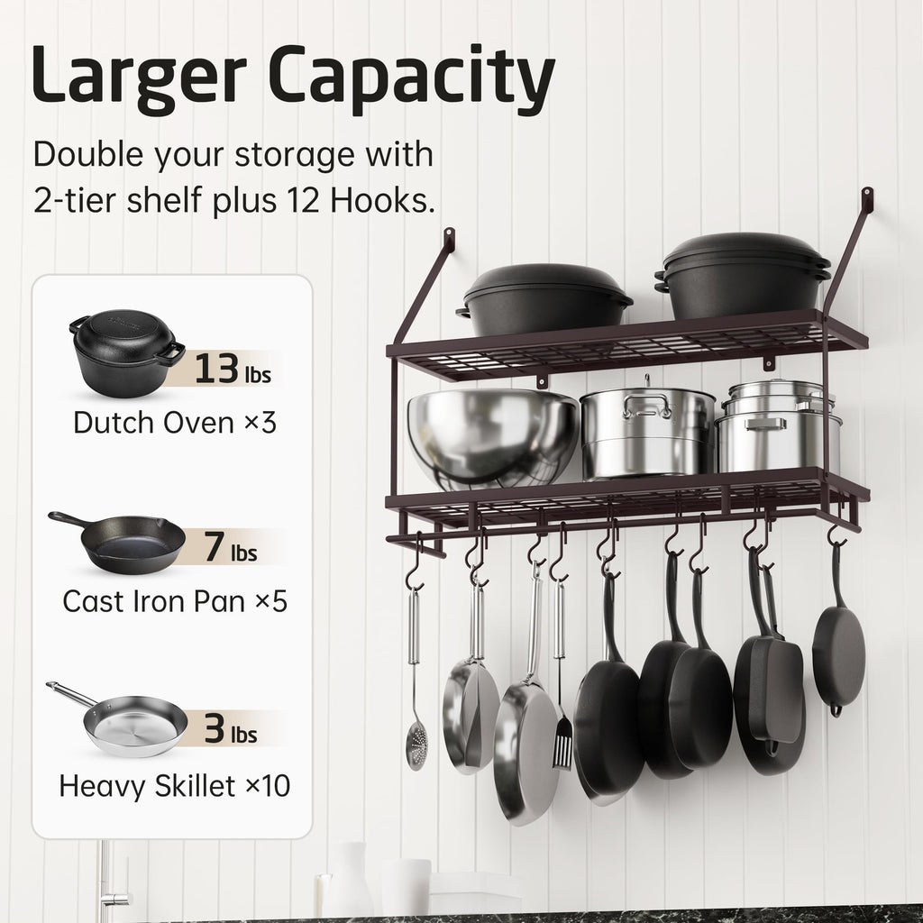 Oiled Bronze Pot Rack Wall Mounted, 100 Lbs Capacity, 12 Hooks