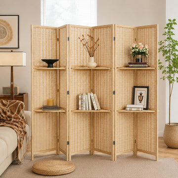Japanese Bamboo Room Divider with Shelves, 6 Panel, 67" H x 96" W
