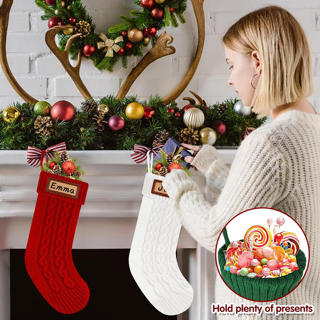 Knitted: 18'' Large Knit Family Name with Leather Patches White Red Green Bulk Xmas Stocking Hanging - Set of 4