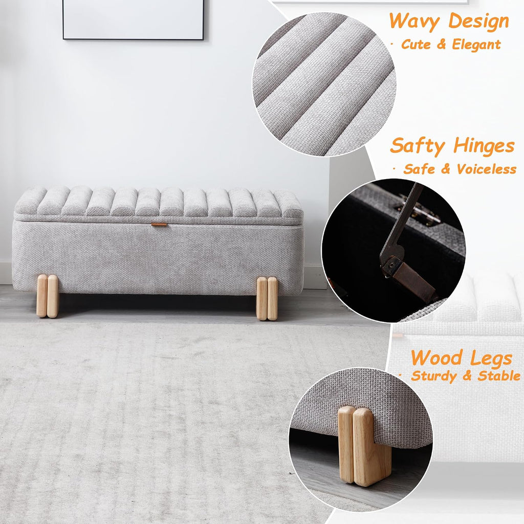 45" Storage Bench Velvet Entryway Bench Upholstered Ottoman Bench with Wavy Top & Safty Hinge Living Room Hallway