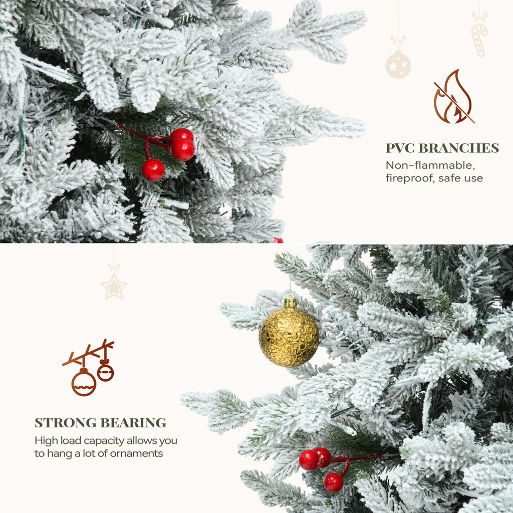 Potted Pre-Lit Flocked Arctic Fir Pencil Tree, 6 ft Slim Christmas Tree with 15 Pre-Decorated Red Berries, 520 PE &