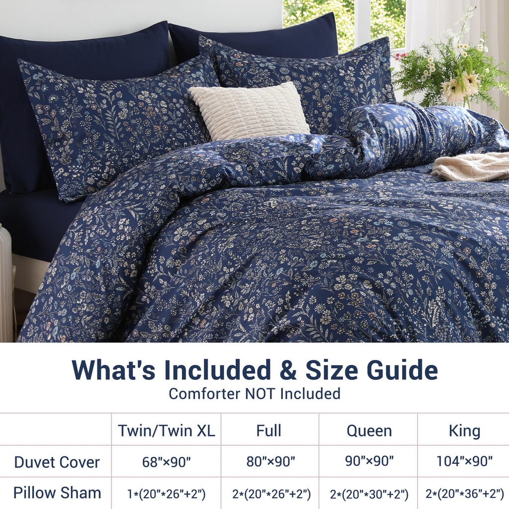 Duvet Cover, 3-Piece Floral Navy Blue Bedding Set
