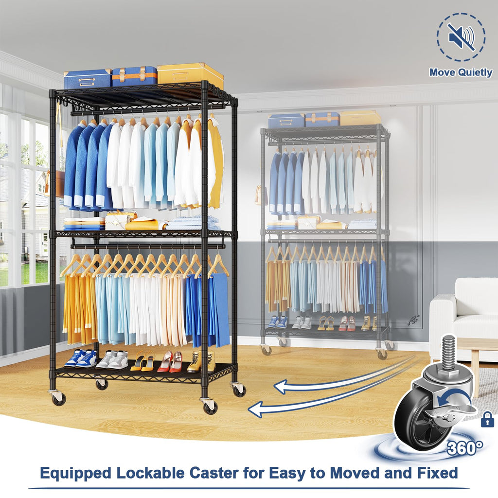 P8 Heavy Duty Clothes Rack(With Extended Width Design) Rolling Clothing Racks for Hanging Clothes, Portable Garment
