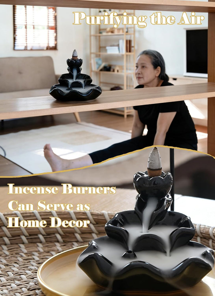 Waterfall Incense Burner, Backflow Incense Holder Lotus Ceramic Censer Cones Sticks Porcelain Holder for Aromatherapy