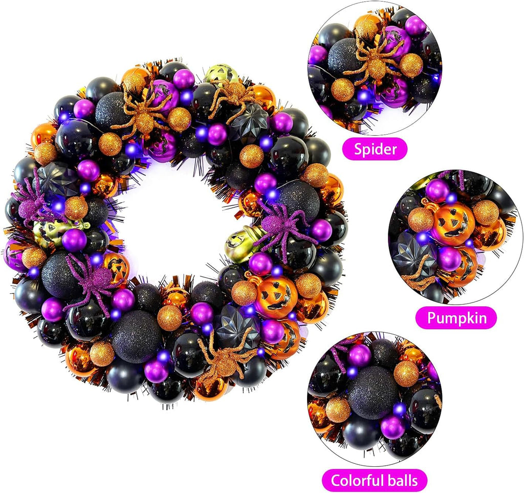 17 Inch Halloween Ball Wreath for Front Door with Lights | Lighted Cute Treat-or-Trick Door Wreath Ball Ornament for