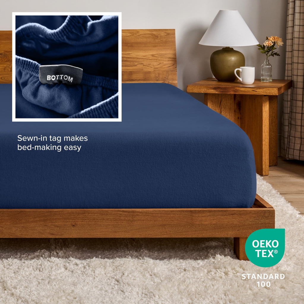 Flannel Fitted Bottom Sheet 100% Cotton (Queen, Dark Blue)