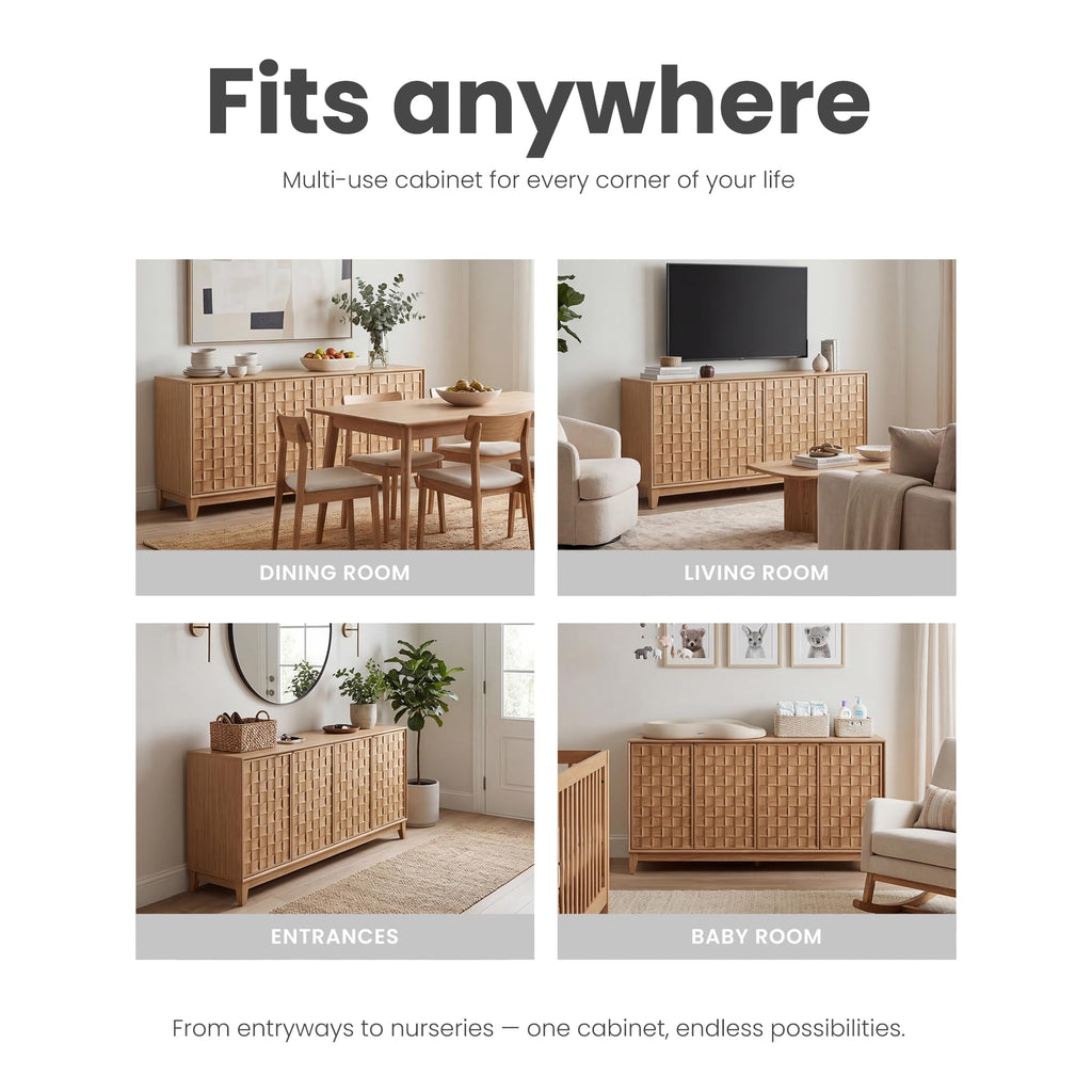 Fluted Sideboard Buffet Cabinet with Storage, 59" Wood Buffet Table with 4 Doors & Adjustable Shelves, Kitchen Dining