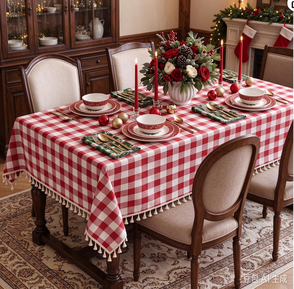 Red Gingham Tablecloth Rectangle 55 x 120 Inch, Farmhouse Cotton Linen Blend Table Cloth with Tassels, Washable