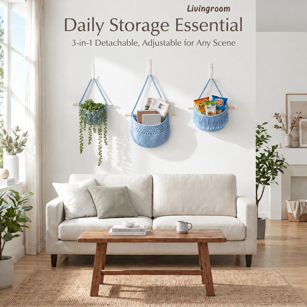 Boho Style Handwoven Rope Hanging Basket - 3-Tier Detachable Storage Organizer /Bathroom/Entryway, 3 Included