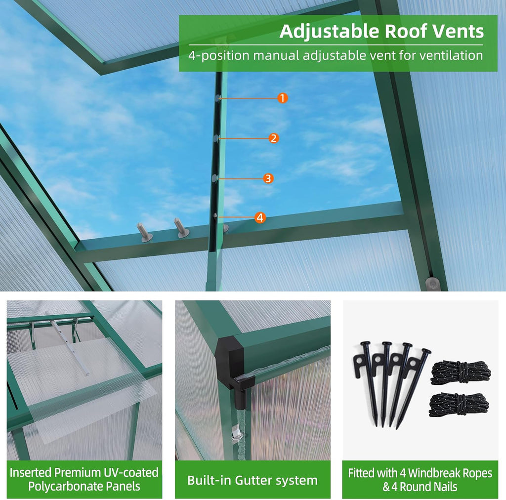 6x10 FT Outdoor Greenhouse, Large Aluminum Greenhouses with Roof Vent, Polycarbonate Greenhouse Raised Base and