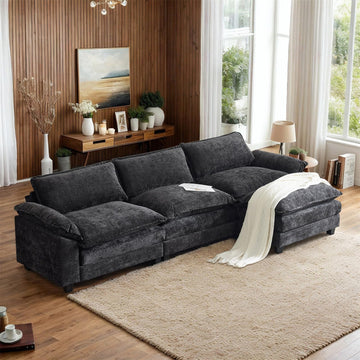 122" Cloud Black Convertible Sectional Sofa, Comfy L-Shape Extra Deep Seat Sofa Couch, Modern Chenille 3-Seat
