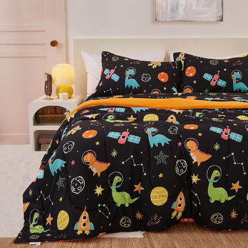 Space Dinosaur Kids Comforter Set for Boys Twin, Cute Quilted Black Printed Bedding Set with Pillow Sham, Lightweight