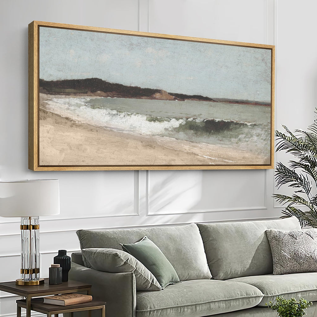 Extra Large Framed Canvas Print Wall Art Coastal Serenity Beachscape Ocean Illustrations Modern Art Calm Warm