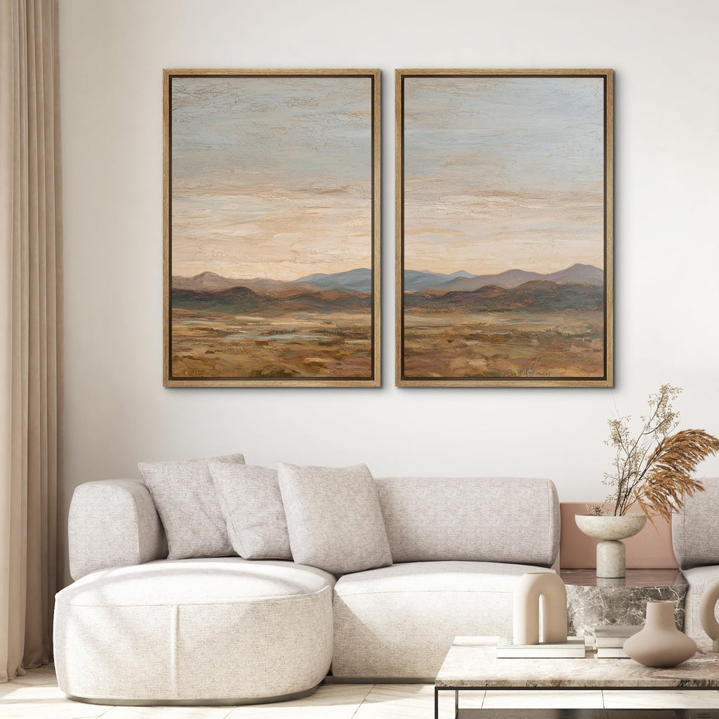 Framed Canvas Print Wall Art Set Soft Earth Tone Mountain Landscape Illustration Modern Art Minimalism Decorative
