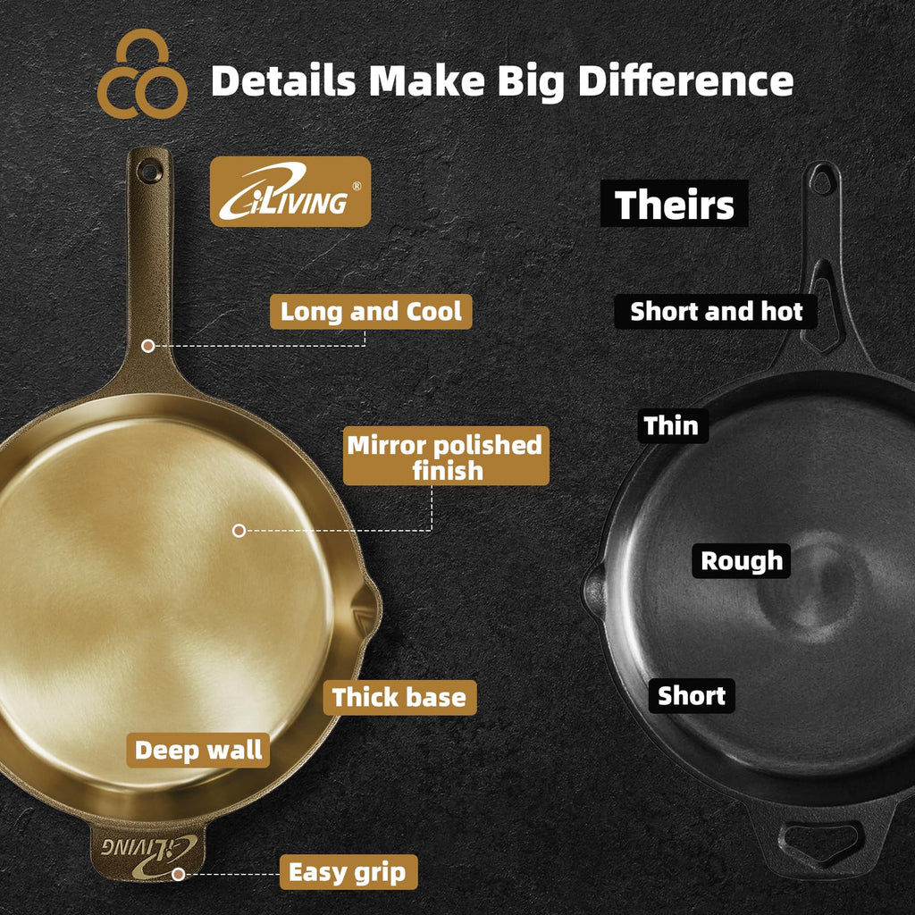 Seasoned Modern Heirloom Mirror Polished Cast Iron Skillet Pan 12" (2.7" Wall Height/3.7 L)