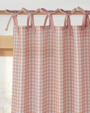 Rose Pink Plaid Curtains, Tie Top Bow Knot Checkered Girls Room Window Treatments, Coquette Room Decor Semi Sheer