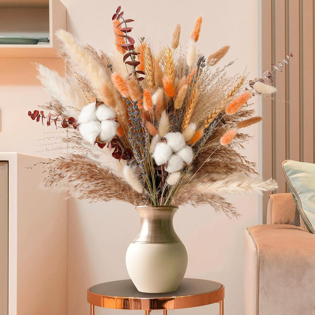 Fall Dried Flower Bouquet - Boho Fall Decor with Pampas Grass, Cotton, and Orange Bunny Tails - Autumn Floral - Set of 100