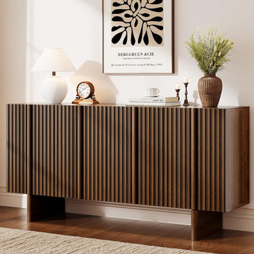 63" Fluted Sideboard Cabinet with Storage Adjustable Shelves Walnut