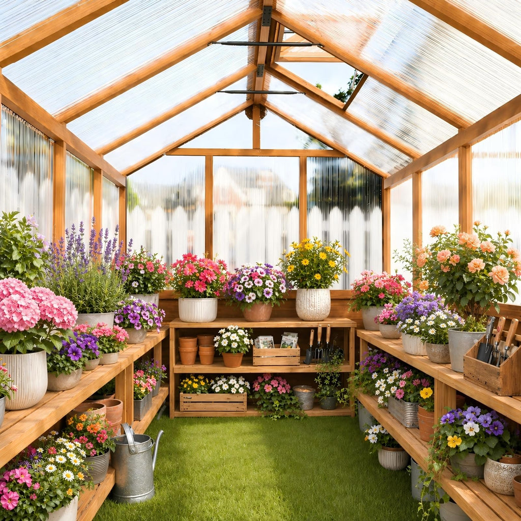 6x12 FT Wooden Greenhouse Outdoor, Heavy Duty Green House with Polycarbonate Panels, Adjustable Roof Vent, Walk-in