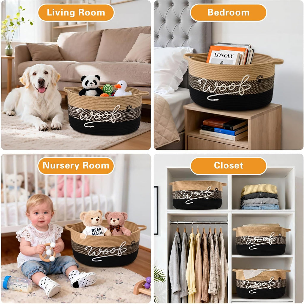 30L Woof Dog Toy Basket with Handles, Large Dog Toy Storage Bin with Paw Print, Woven Dog Basket for Blankets, Toys