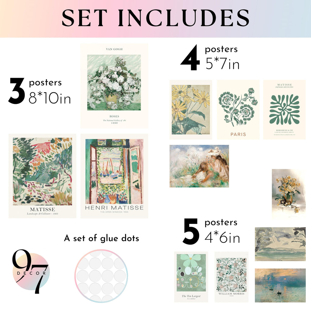 Sage Green Boho Framed Wall Art, 12 Pcs Prints, Beige Frame