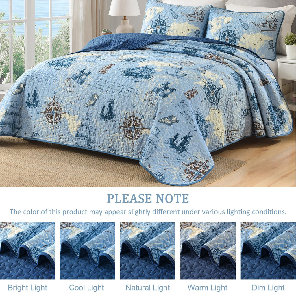 Ocean Coastal Quilt, 3 Pcs Beach Theme Bedspread Bedding Set