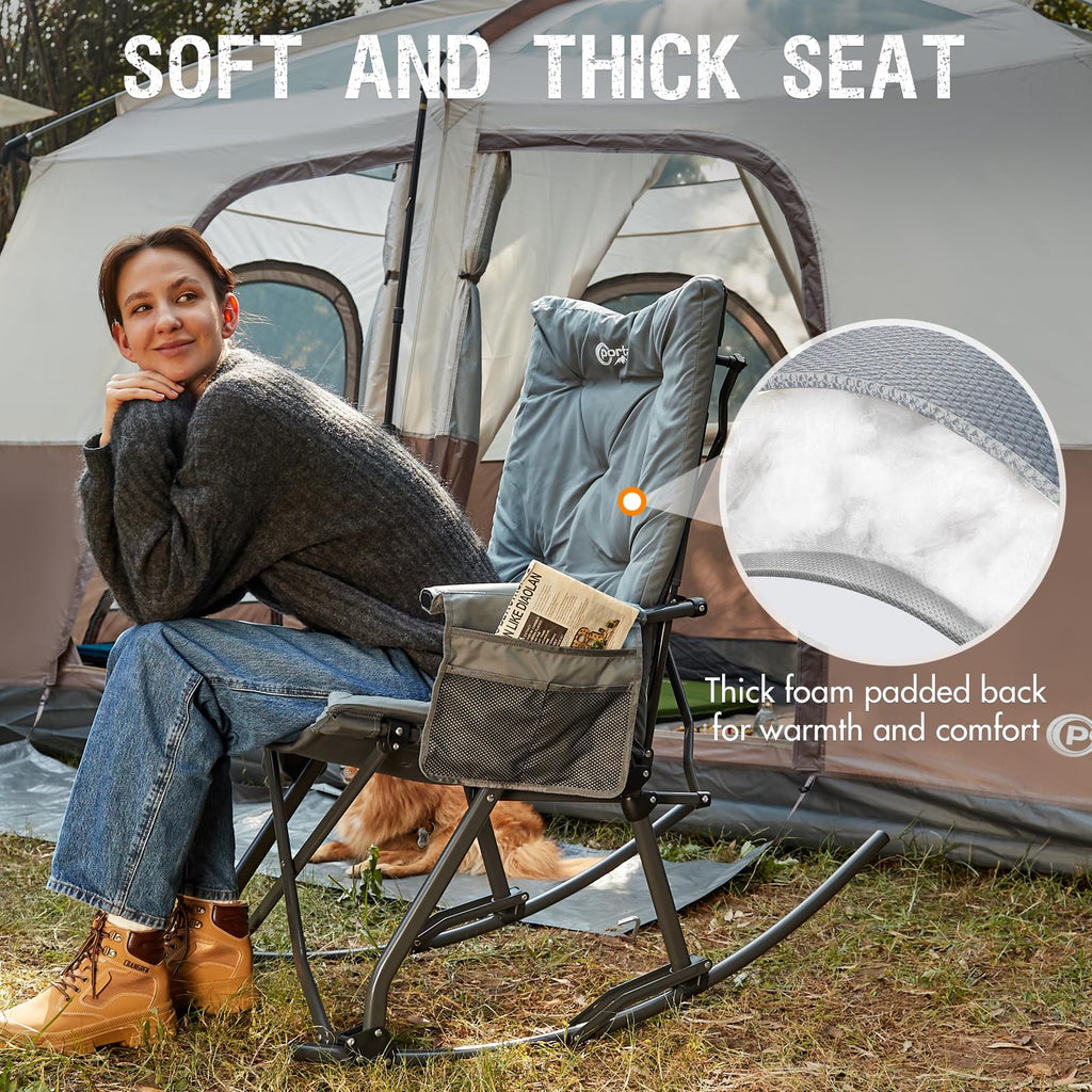 Thick Padded Folding Rocking Camping Chair Outdoor 400 LBS Gray