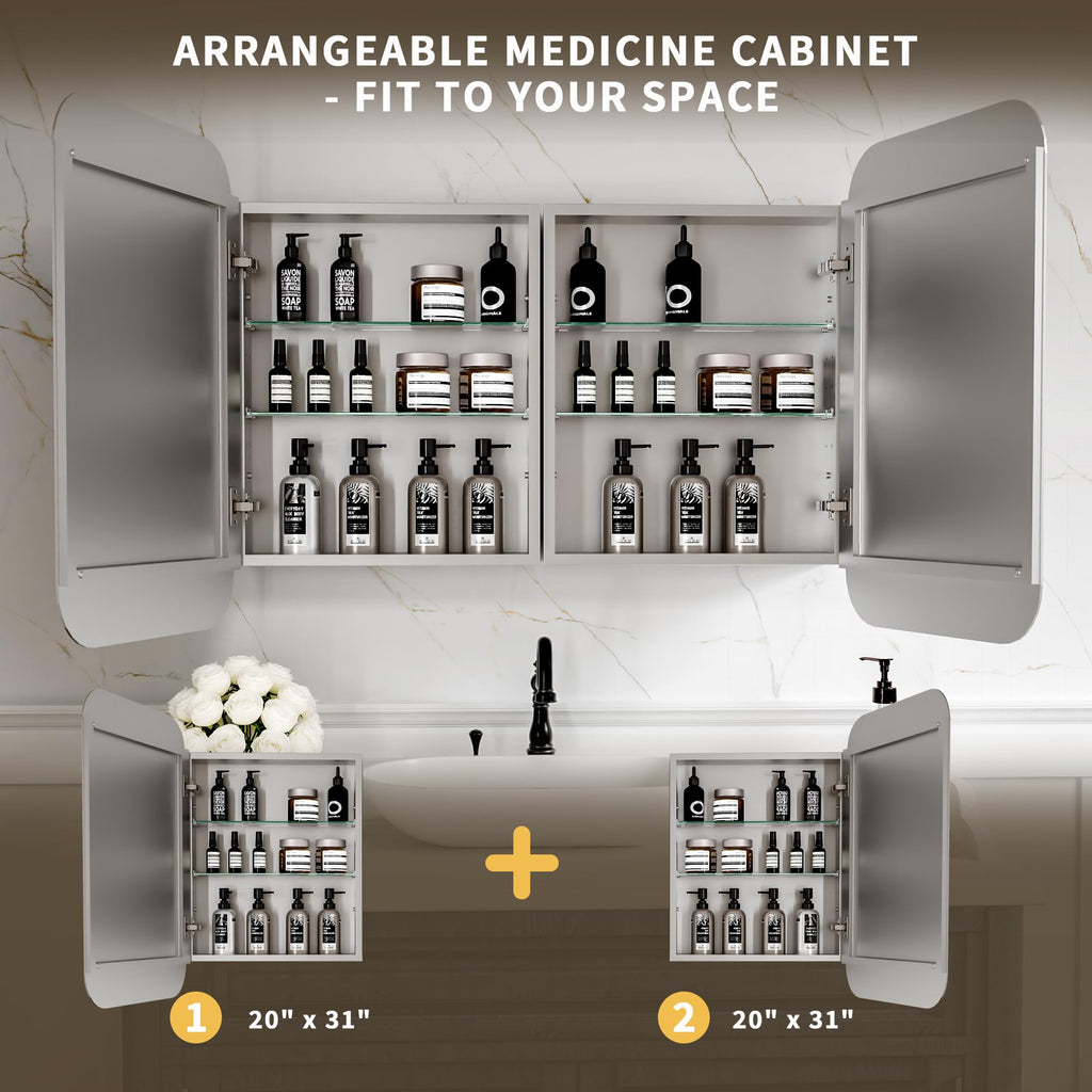 20 x 31 Inch Bathroom Medicine Cabinet with Mirror, Rounded Corner, Surface/Recessed, Aluminum Frame with Mirrored