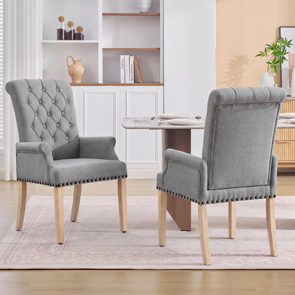 With Arms, Linen High Back Dining Room Chair, Light Grey