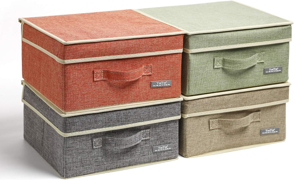 Fabric Storage Bins with Lids Small 4 Pack, Linen Foldable Storage Box with lids 4 Color Set 12.4in/12in/6.7in