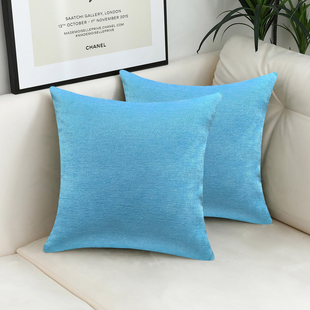 Sky Blue Decorative Throw Pillow Covers Soft Chenille Comfy Solid Sea Couch Cushion Cases Decor (Set of 2, 18 x 18