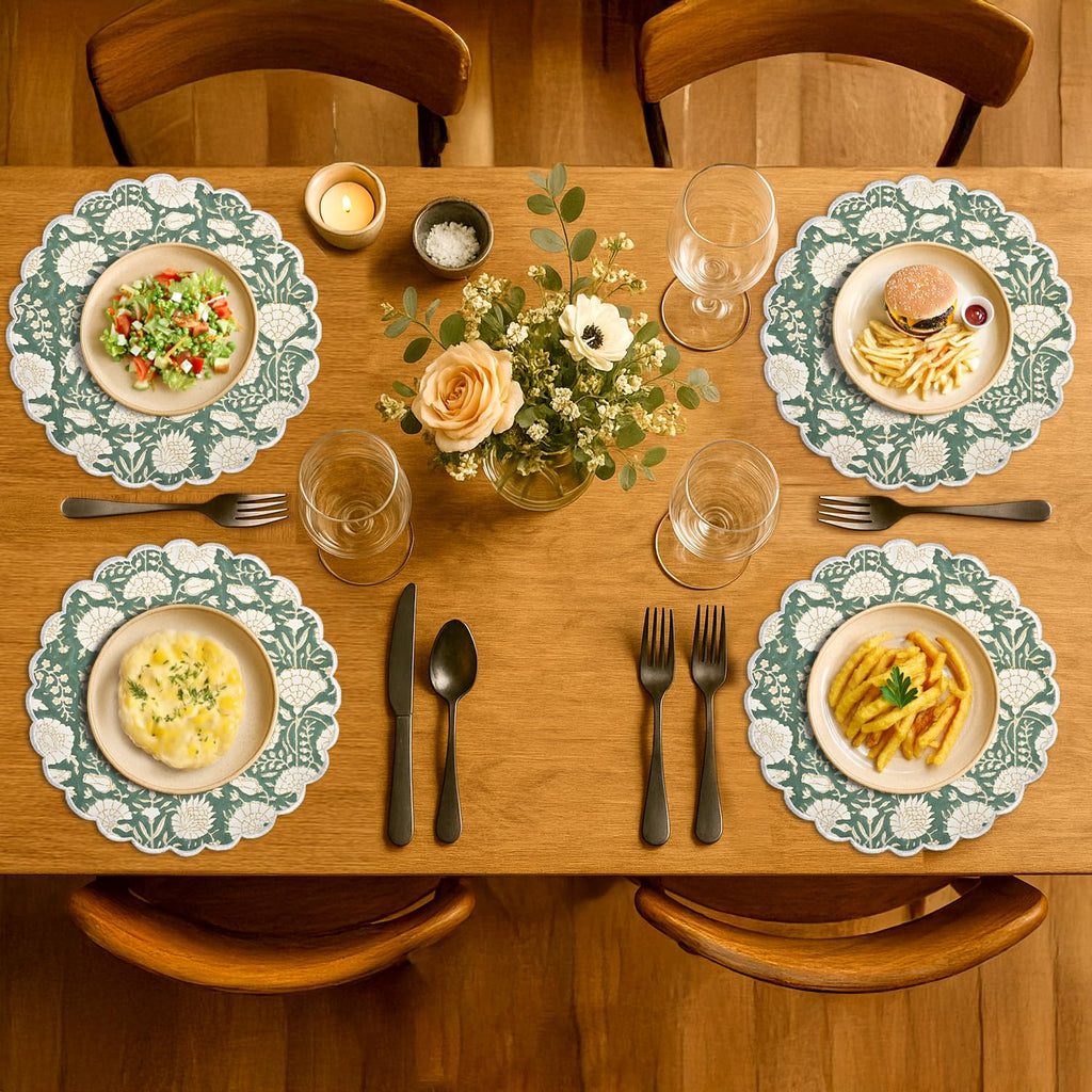 Floral Block Print Round Placemats 15 Inch, Set of 4, Moss Green