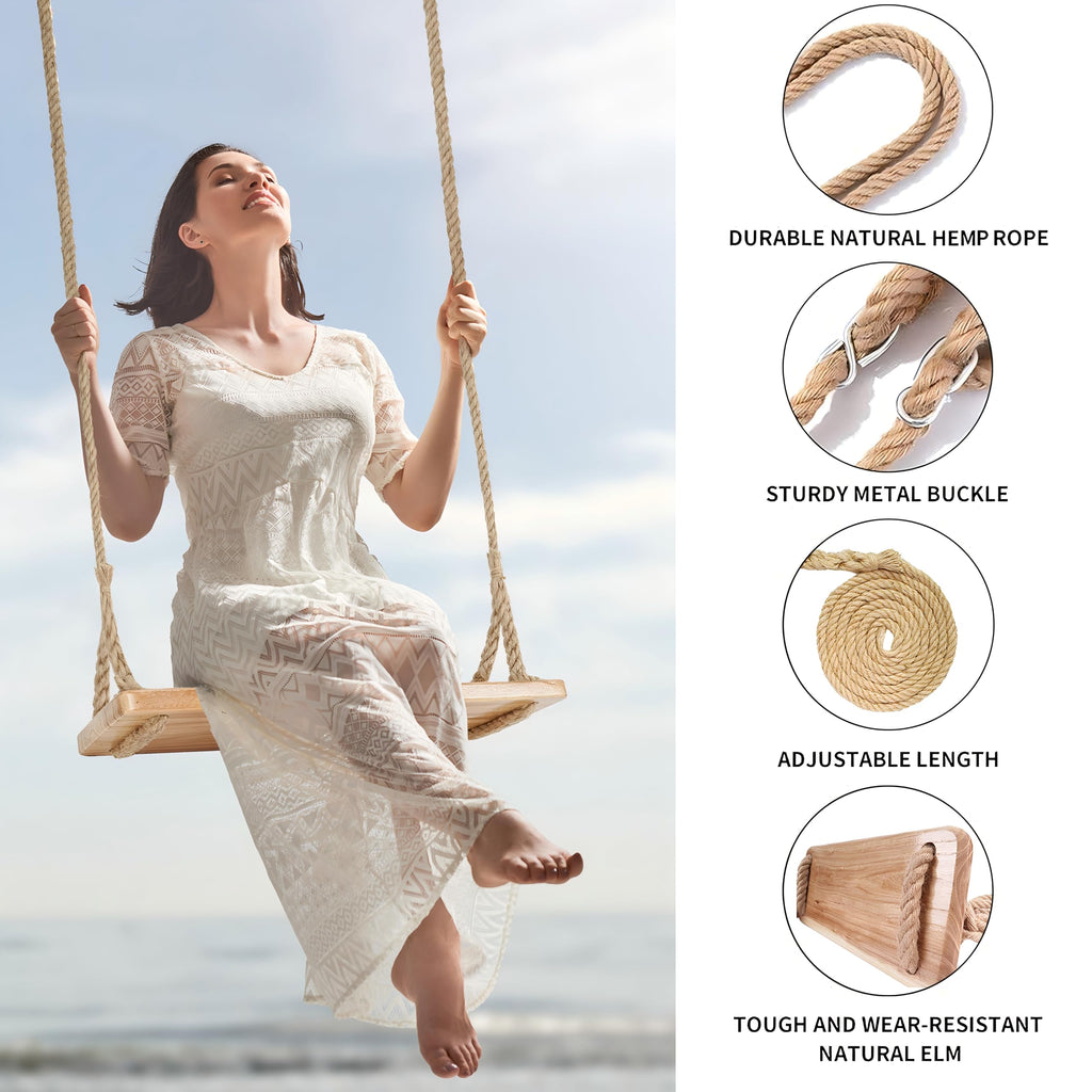 Hanging Wooden Tree Swing with Adjustable Hemp Rope and Tree Straps