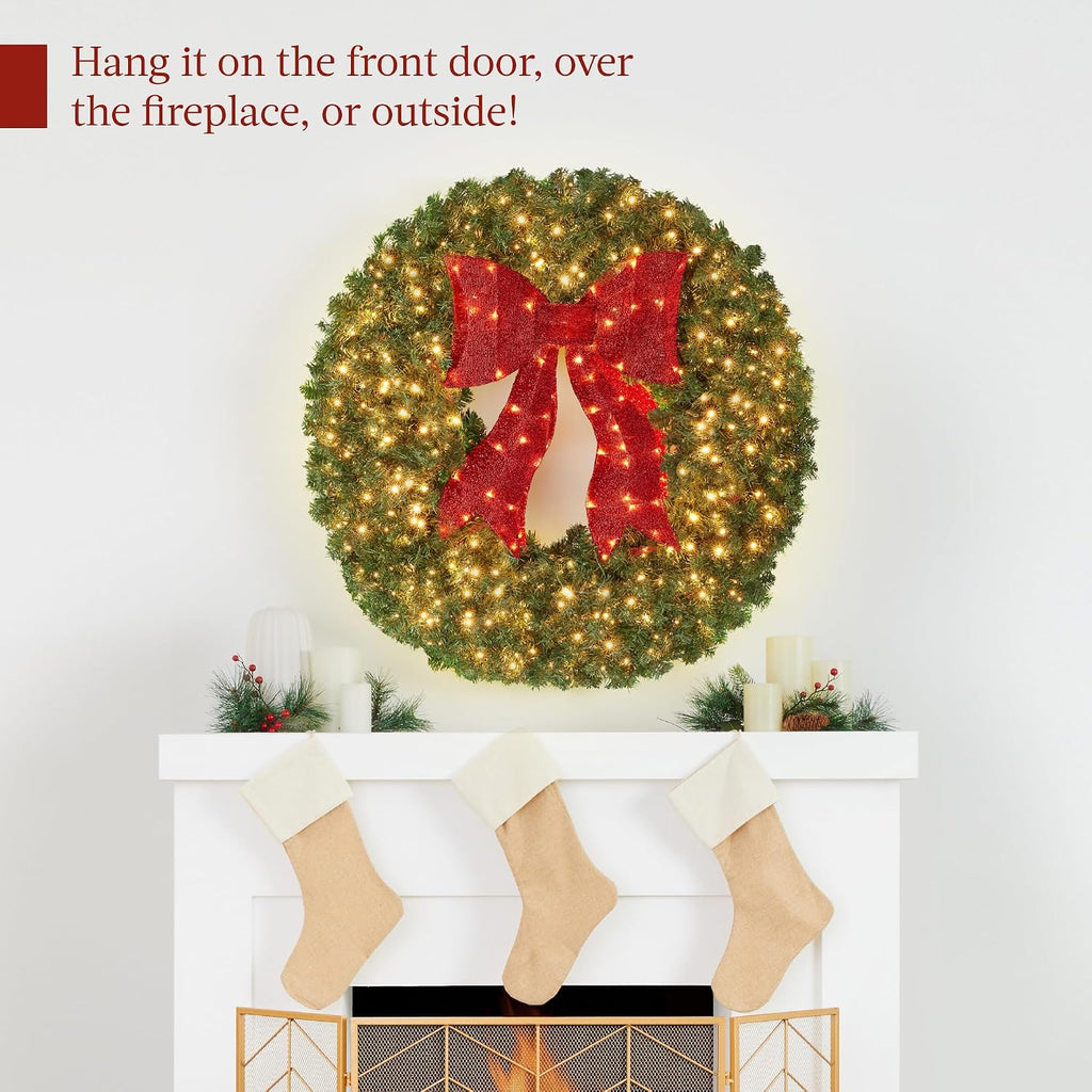 48in Large Artificial Pre-Lit Fir Christmas Wreath Holiday Accent Decoration for Door, Mantel w/Red Lighted Bow, 250