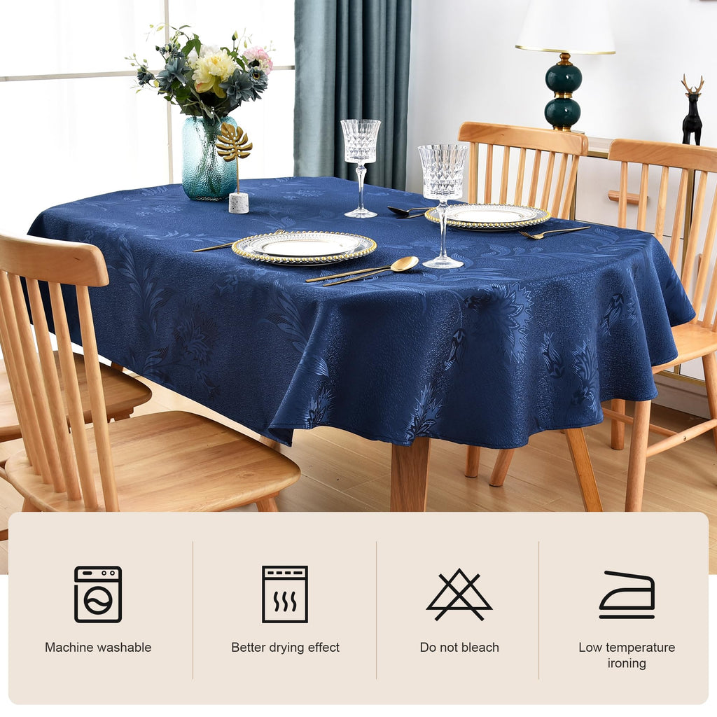 Shiny Oval Jacquard Tablecloth 60 x 102 Inch Navy Blue