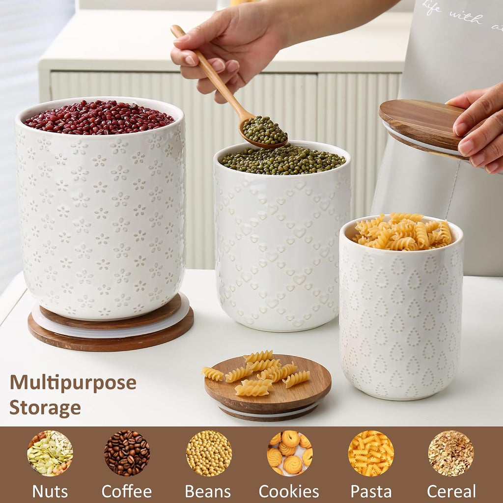 Canisters Sets for the Kitchen, White Ceramic Canister Set with Airtight Wood Lids, Embossed Food Storage Jars - Set of 3