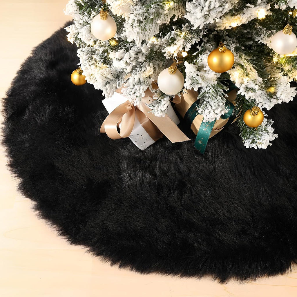 28 Inch Black Faux Fur Christmas Tree Skirt for Halloween Decorations