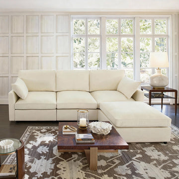 Sectional Cloud Couch, Spring Cushion Seating, L Shaped Convertible Modular Sofa with Ottoman, Beige
