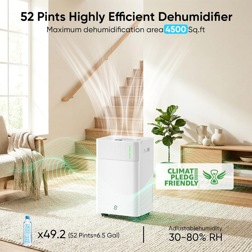 52 Pints Dehumidifier for Home, 4500 Sq. Ft Dehumidifier for Basement with Drain Hose, 3 Modes, Ultra Quiet