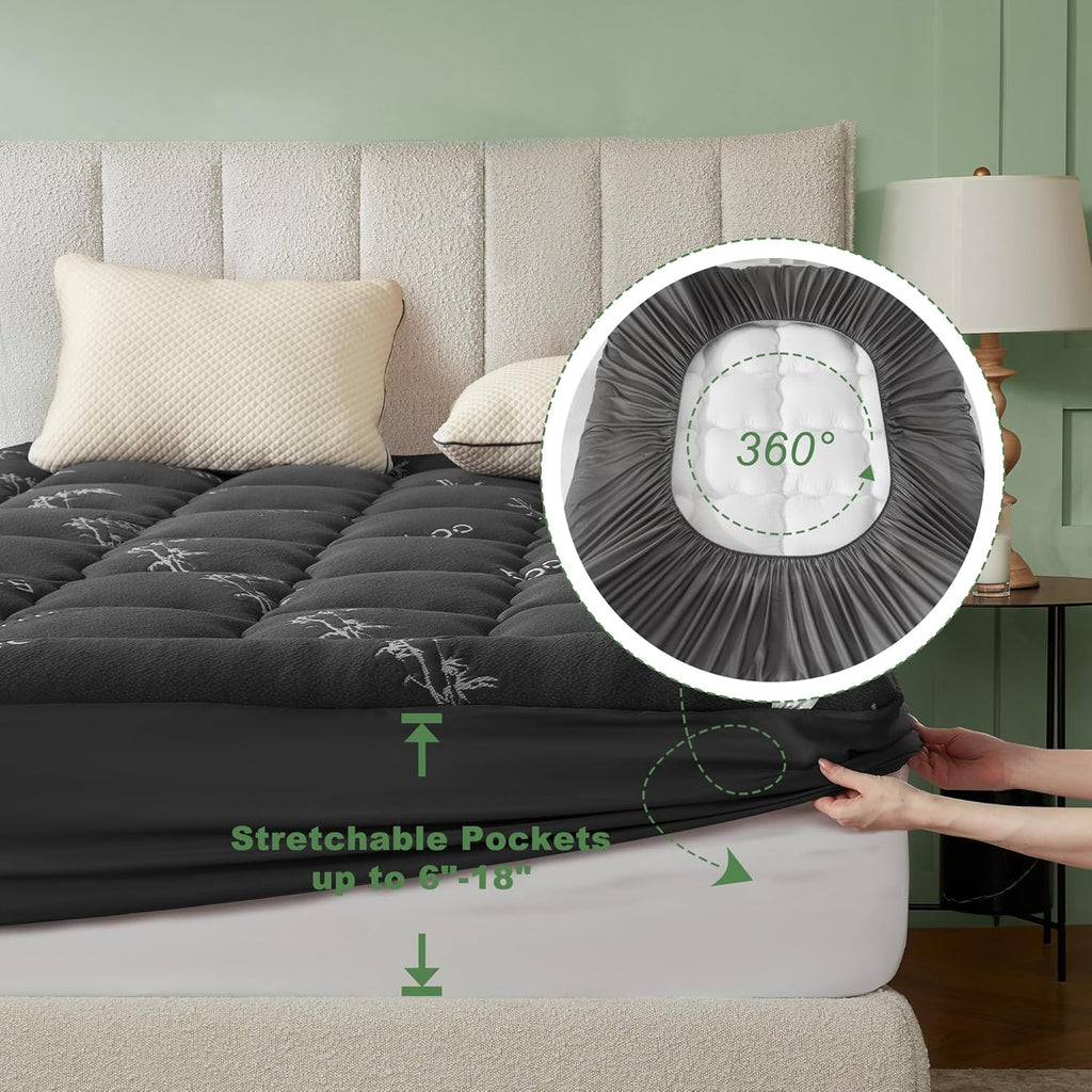 King Mattress Topper Viscose Bamboo, Thick Pillow Top Mattress Pad | Stretchable Pockets Fit 6"-18" Mattress, Soft