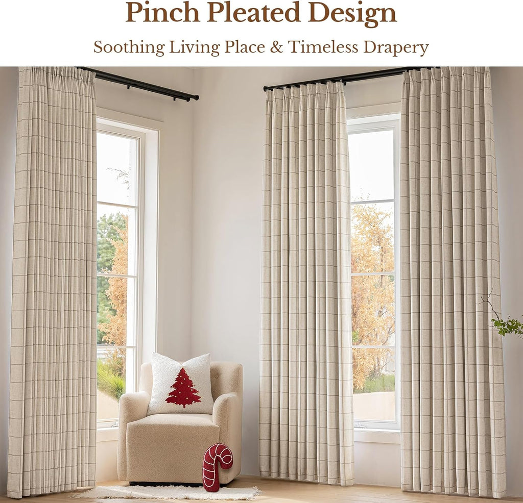 Plaid Pinch Pleated Curtains - Modern Luxury Linen Buffalo Blackout Drapes, Thermal Insulated Double Layer Window