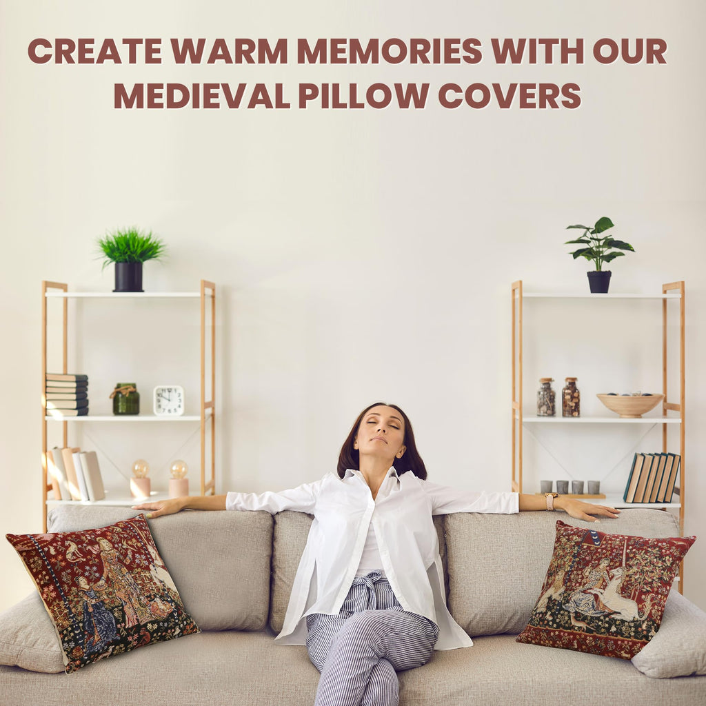 Medieval Touch Red Tapestry Throw Pillow Cover 16"x16", W/Invisible Zipper