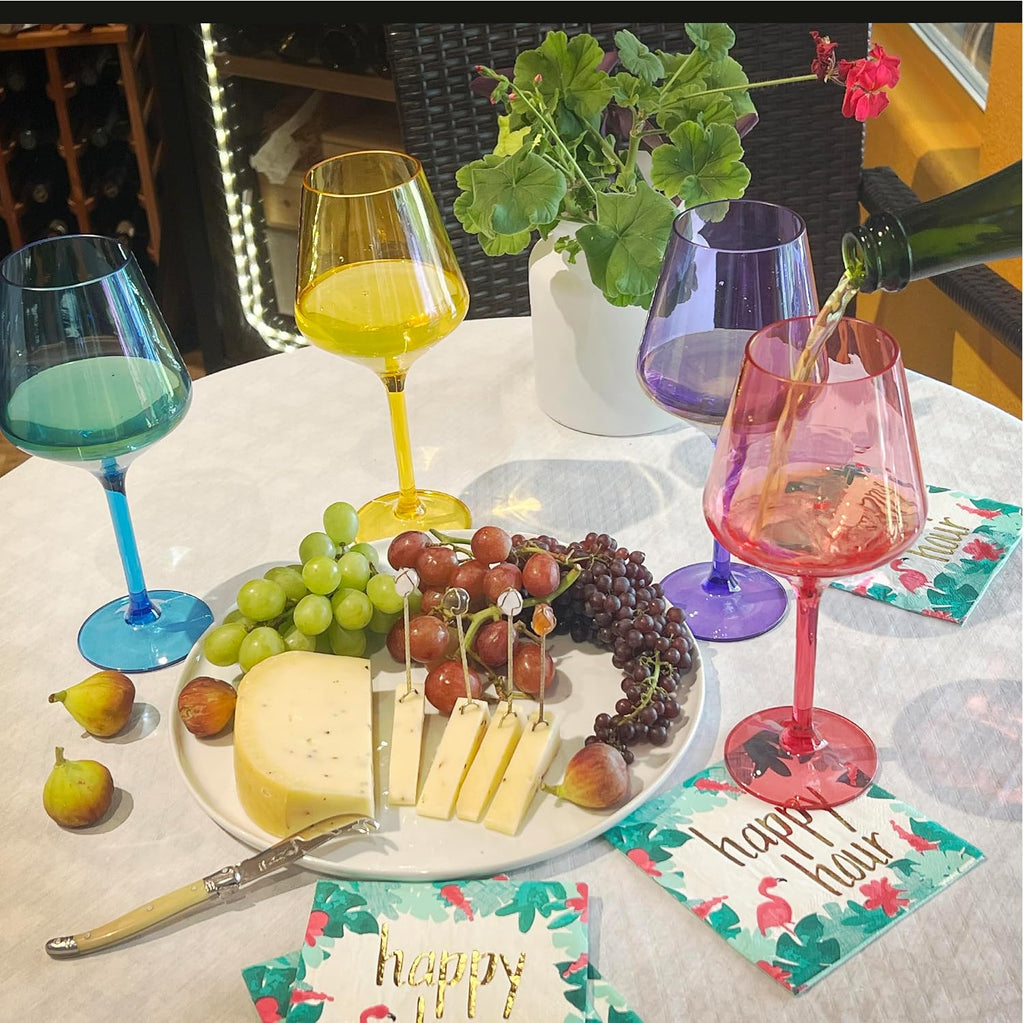 Acrylic Wine Glasses with Stems. Set of 4 Colored, Reusable, Unbreakable and Shatterproof Poolside Outdoor Wine