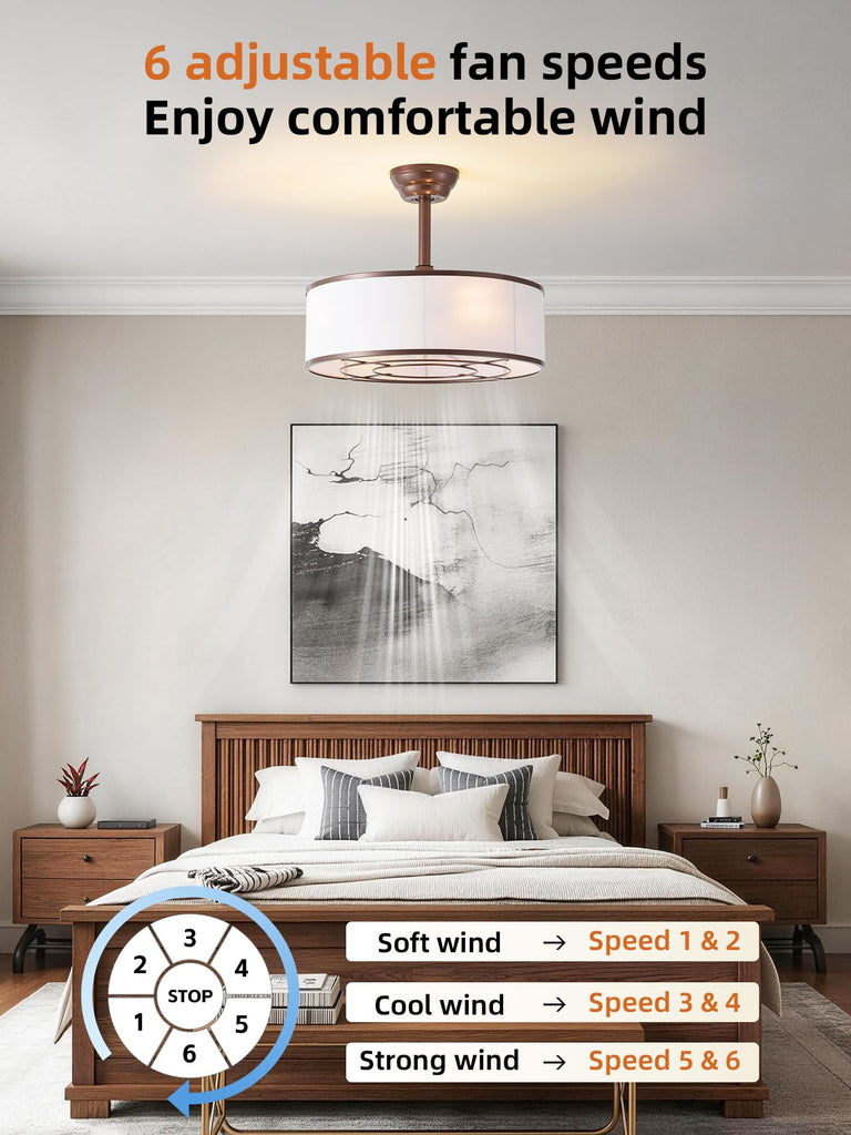 20" Brown Fandelier Ceiling Fan with Light, Caged Rustic Ceiling Fans with Lights Remote Control, Bladeless